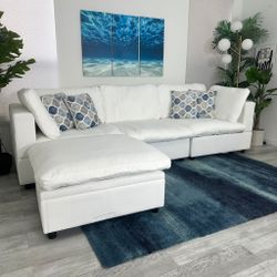 SECTIONAL MODULAR WHITE FABRIC WITH OTTOMAN CHEST - FREE DELIVERY 
