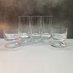 (5) 3 Highball 2 Double Old Fashioned Exquisite (Smoke Acqua) designed by Joe Colombo in 1963. It is a Collection of glassware That features an unconv