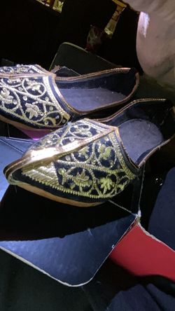Afghan Wedding Shoes, Black Velvet Featuring Gold Thread Embroidery, Sequins And A Pointed Toe Design. Antique Original