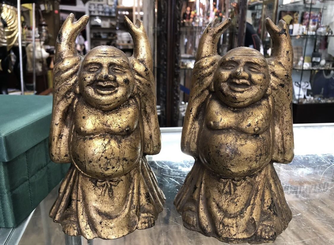 Pair of 2 Vintage Golden Cast Iron 8” Buddha Bookends Door Stooper / RARE