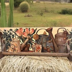 Vintage Handmade Wooden Rustic Towel Rack 23" Flower Tulip Ivy Seed Poppy Print