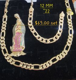 Gold-Tone Figaro Chain & Virgin Mary Pendant Set