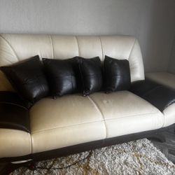 Beige Leather Loveseat
