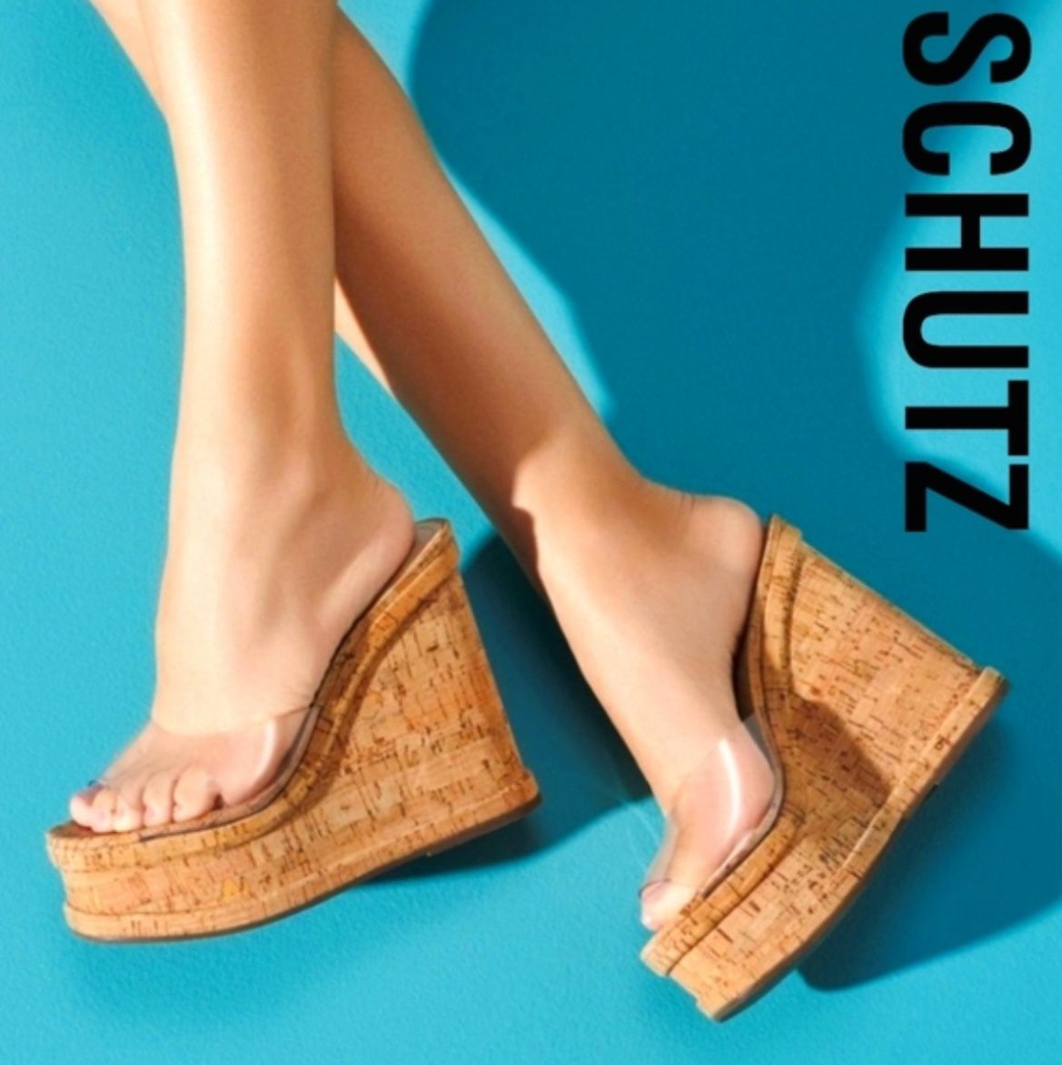 SCHUTZ - size 9.5 women’s Dalle Vinyl Sandals, Transparent Tan 5” heel wedge 