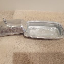 Vintage Wilton USA Pewter Butter Dish Clear Star Burst Glass Liner Insert