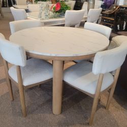 Round 45"D Table + 4 Boucle Side Chairs