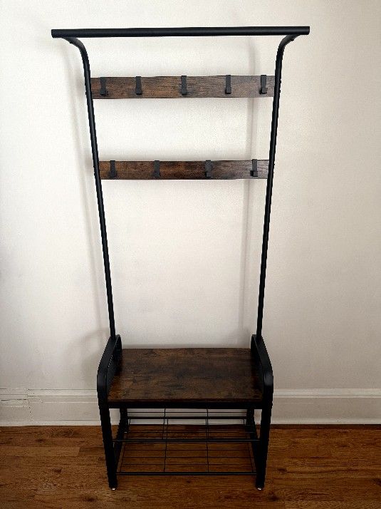 VASAGLE Coat Rack, Hall Tree with Shoe Bench for Entryway with 9 Removable Hooks, and Hanging Rod, 13.3 x 28.3 x 72.1 Inches, Rustic Brown and Black