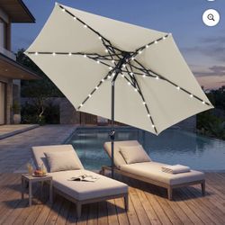 Brand NEW in box 10FT Solar Patio Umbrella w/ LED Lights – Windproof Beige