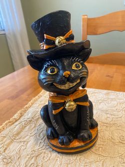 Halloween black cat resin 9.5 inch tall figurine with orange bow & top hat. Fall decor.