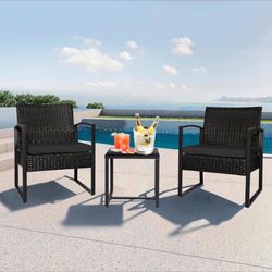 3-Piece Wicker Patio Bistro Set – Black Cushions & Glass Coffee Table