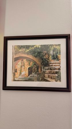 Framed Watercolor Print Stone Archway Scene