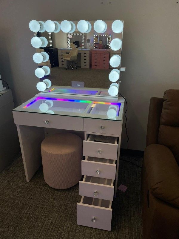 Brand New Vanity 6 Drawers RGB Light Inside Desk With Hollywood Mirror Bluetooth Speaker $689