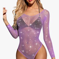 Purple Lavender Women Lingerie Fishnet Bodysuit Sparkle Rhinestone Sexy Mesh Teddy Lingerie