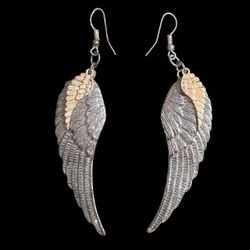 VTG Large 4" Hanging Double Angel Wing Earrings Gold Black Dark Brown Heavy