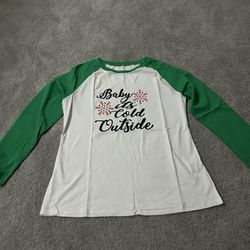 Christmas Tshirt Women baby is cold outside Letters Print long Sleeve Baseball Tshirt Blouse Tee Tops size medium ( compare $19 is Amazon price ) very