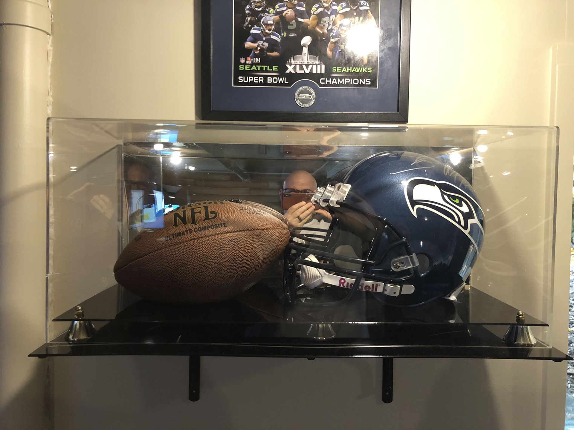 Signed Sean Alexander helmet and football and case