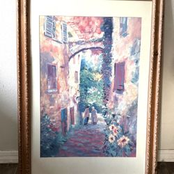 European Village Alley Cobblestone Couple Sunflowers Matted Framed Wall Art Approx 40.5” x 28”  Wonderful carved wood frame 