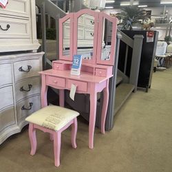 Janelle Pink Vanity Set w/ Stool