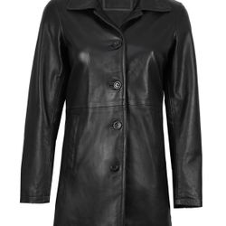 Womens Black Leather 3 /4 Length Car Coat