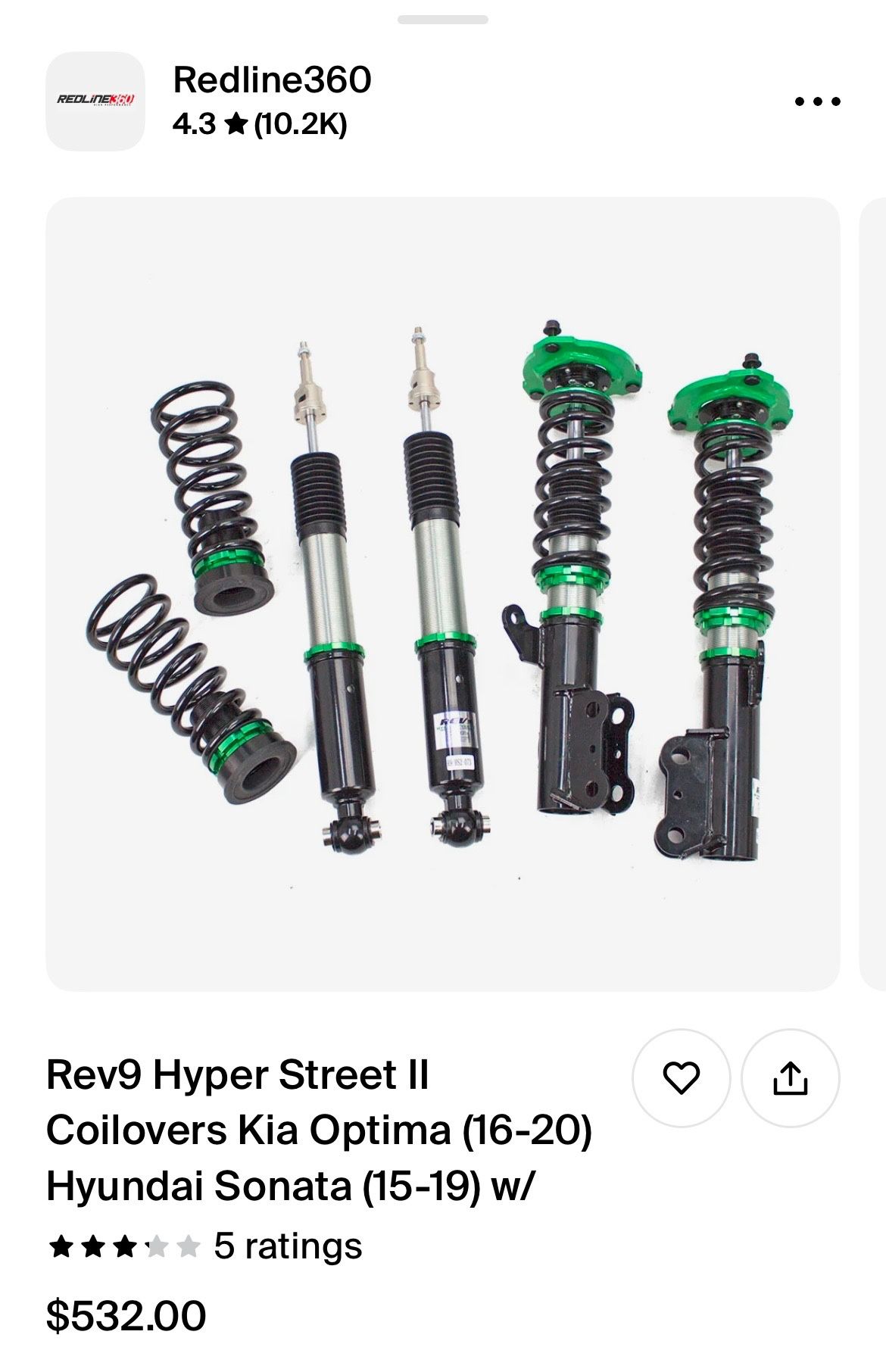 Title: coilovers Kia optima (16-20) Hyundai sonata (15-19)  Description: bought these coilovers for my 2016 Kia optima in 2022. Unfortunately I never 