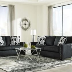 Sofa and Loveseat in Black Soft Velvet Upholstery 