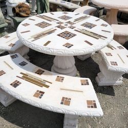 Concrete Mosaic Picnic Table with 3 Benches/ Outdoor Patio Furniture