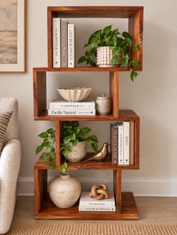 Solid Wood Geometric Bookcase 4 Tier Asymmetrical Cube Étagère Bookcase NOT MDF
