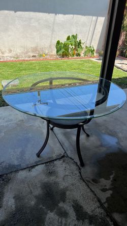 48” Round Glass Patio Table – Dark Brown Metal Base