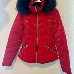 Sweet Look Women's Jacket Red Shiny Puff Coat W/ Faux Fur Hood