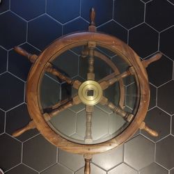 Vintage Ship Wheel End Table Wood Glass Helm Sea Nautical