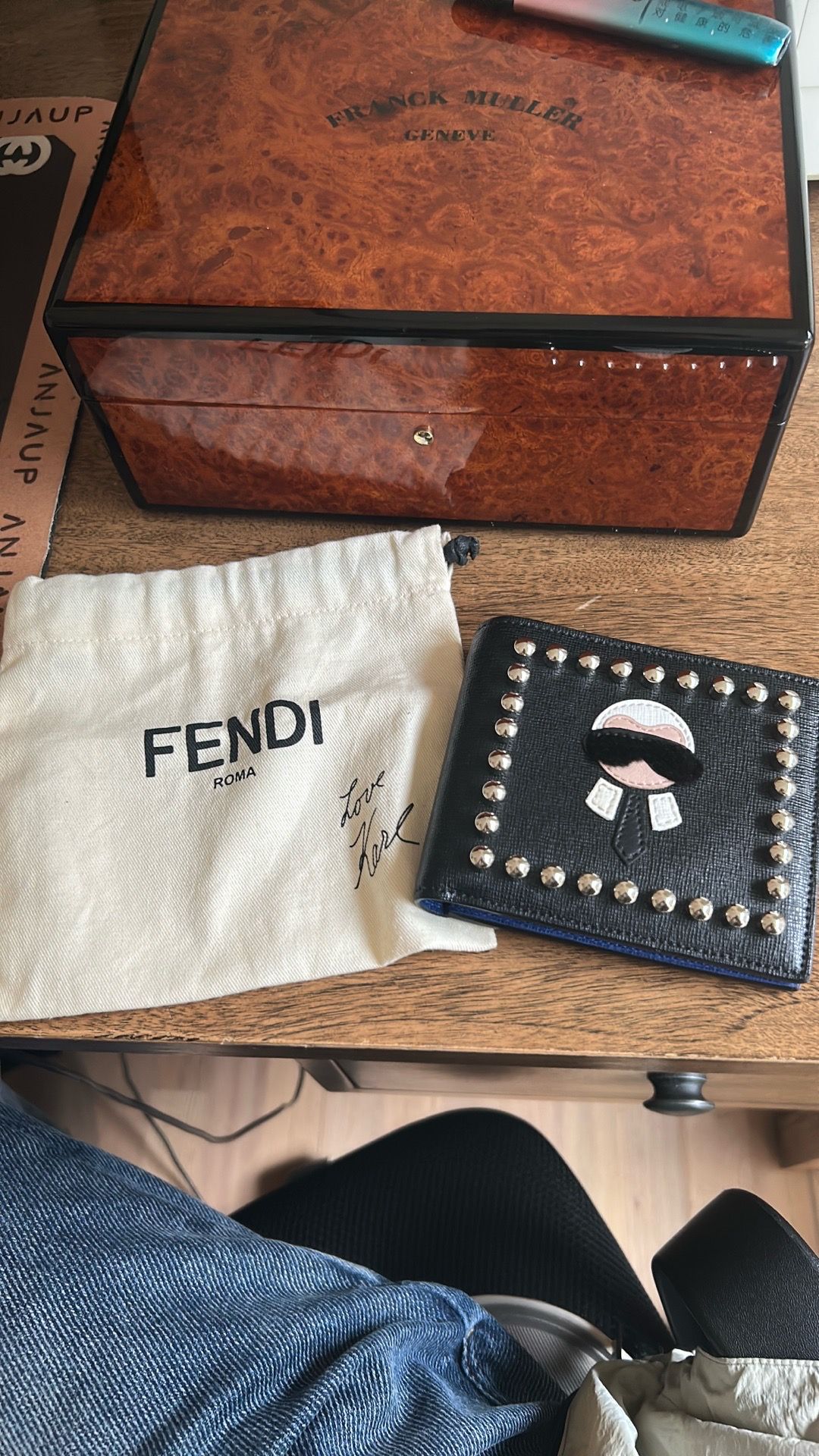 Fendi Karlito Studded Bifold Wallet — Black Saffiano Leather, Silver Studs, w/ Dust Bag