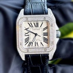 Cartier Santos 100 Natural Diamond set iced out bussdown 36mm Midsize 2878 Men Watch Leather Band