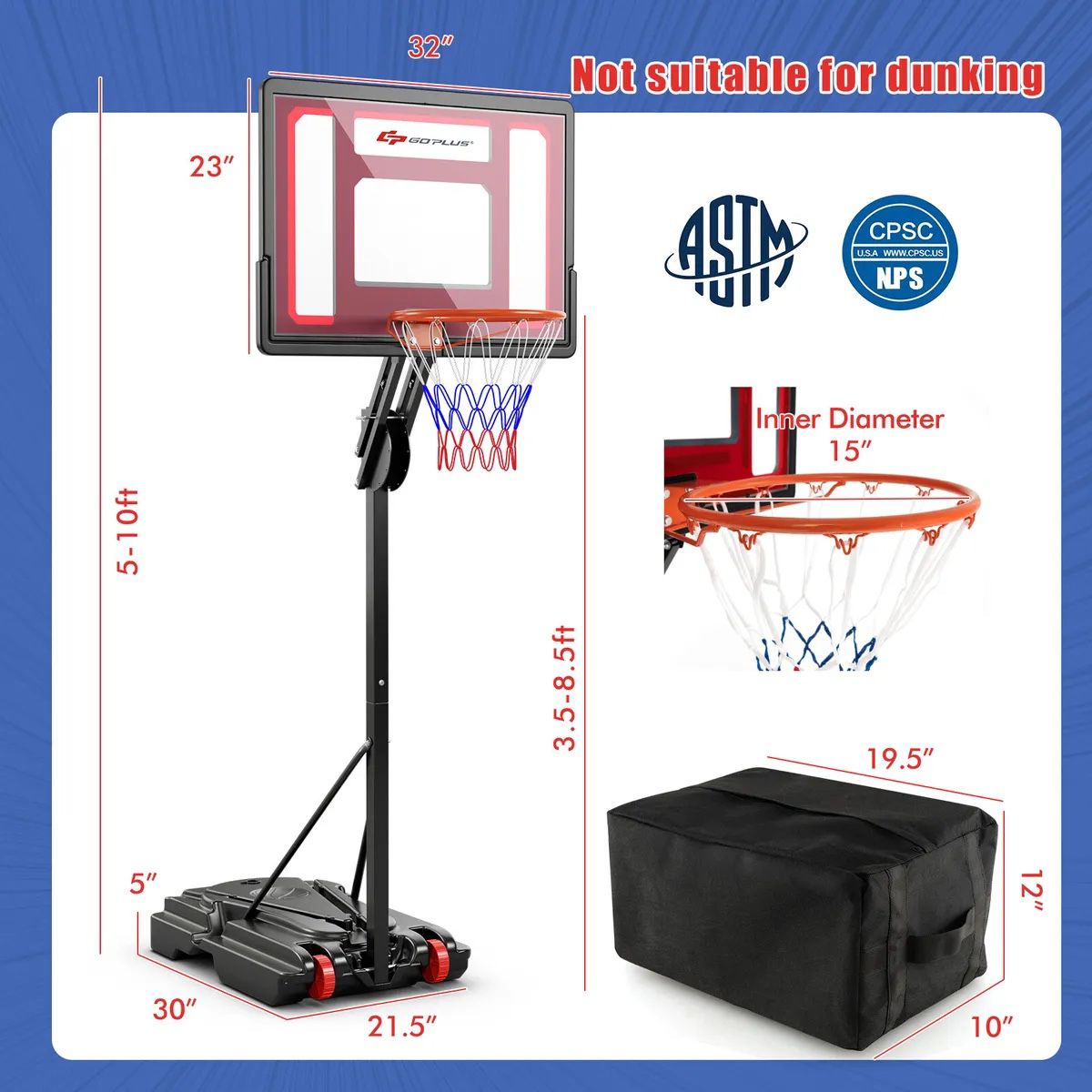 Portable Basketball Hoop System 5-10 FT Adjustable W/Weight Bag