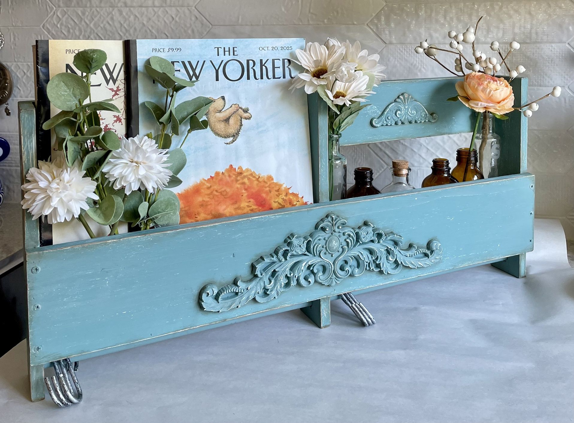 Upcycled Rustic Blue Wall Mountable Coat Rack With Two Shelves