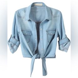 Omoone- Women's 3/4 Sleeve Denim Crop Top Tie Knot Shirt Cardigan