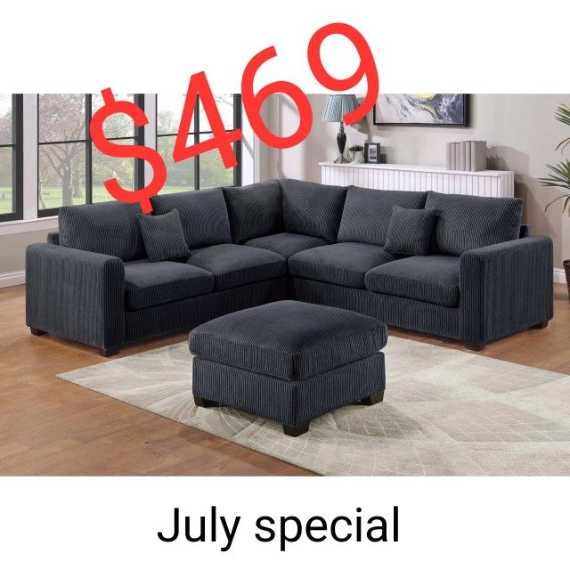 Black corduroy sectional sofa with ottoman