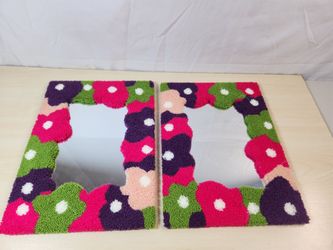 Set of 2 Tufted Floral Mirror Frames FLOWER POWER Vibrant Pink Purple & Green Flowers