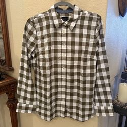 NWT~Talbots Women Olive and White Plaid Button-Up Shirt Size Medium