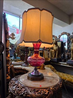 Antique Bohemian glass table lamp in ruby red, featuring the cut-to-clear technique.