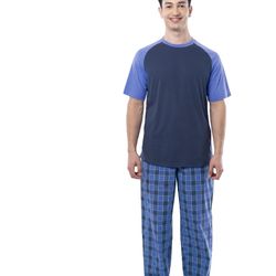 Fruit of the Loom Men's Raglan Short Sleeve T-shirt and Plaid Pajama Sleep Pant Set, Sizes S-2XL