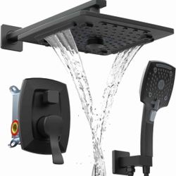 Matte Black Bathroom Shower Faucet Set with Valve, Rainfall Shower Head with Handheld Combo