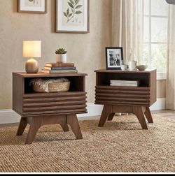 Set of 2 Fluted Nightstands w/ Drawer & Shelf – Mid Century Modern