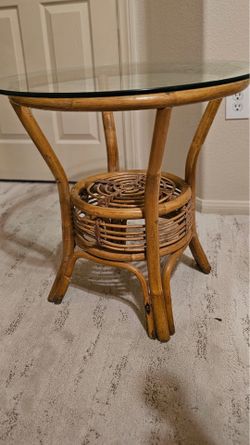 Exquisite Wicker End Table with Glass Top, Height = 23", Dia. 7.6", Circumference = 24"