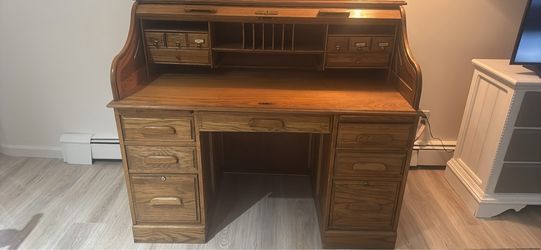 Vintage Solid Oak Crest Roll Top Desk