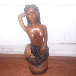 15in Wooden Woman Mermaid Tail Statue Sculpture Art 