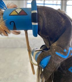 Handcrafted Southwestern Style Kachina Doll Blue Mask Carved Wood & Leather Figure on Wooden Base