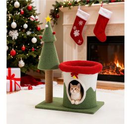 30in Christmas Cat Tree for Kittens, Kitty Condo with Top Perch, Small Cat Tree House with Sisal Scratching Posts, Cat Safe Christmas Tree Tower for I