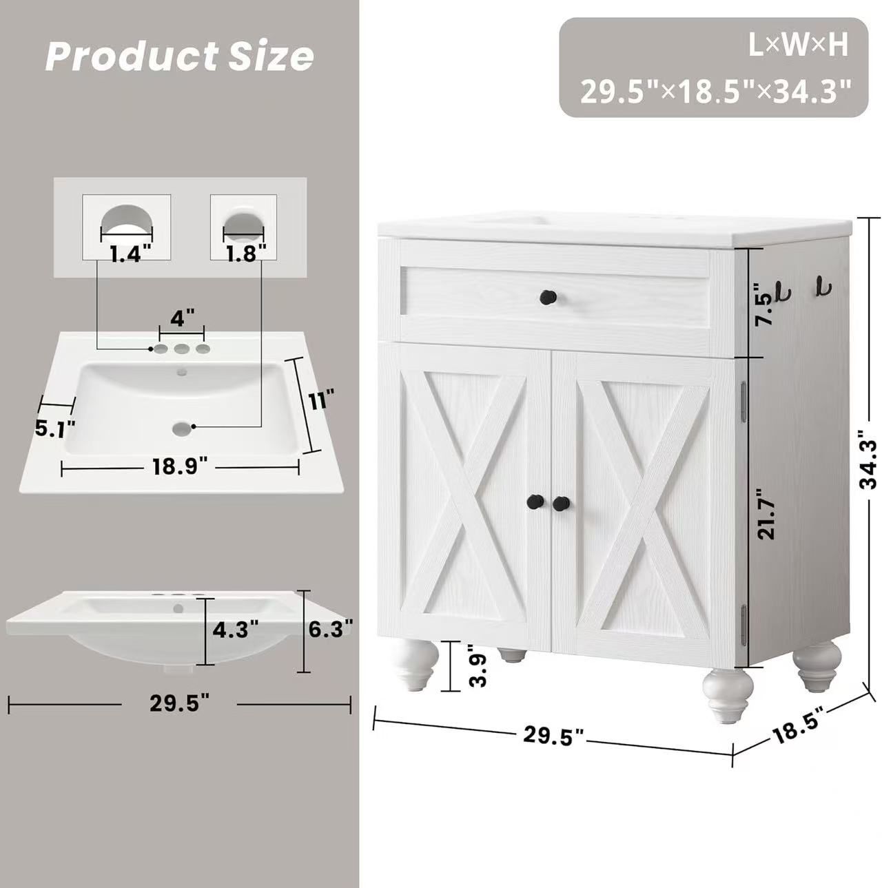 🥨30 Inch Bathroom Vanity with Sink Easy-to-Install Farmhouse Bathroom Sink 2-Tier Storage Areas with Adjustable Shelves 4-Tier Storage Compartments