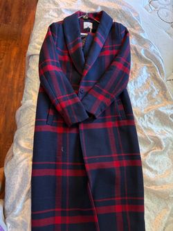 Navy and Red Plaid Long Wool Coat