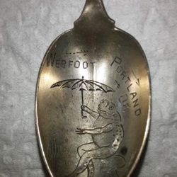 Sterling Silver 1900s Souvenir Spoon Webfoot Portland Oregon Frog Umbrella Antique 